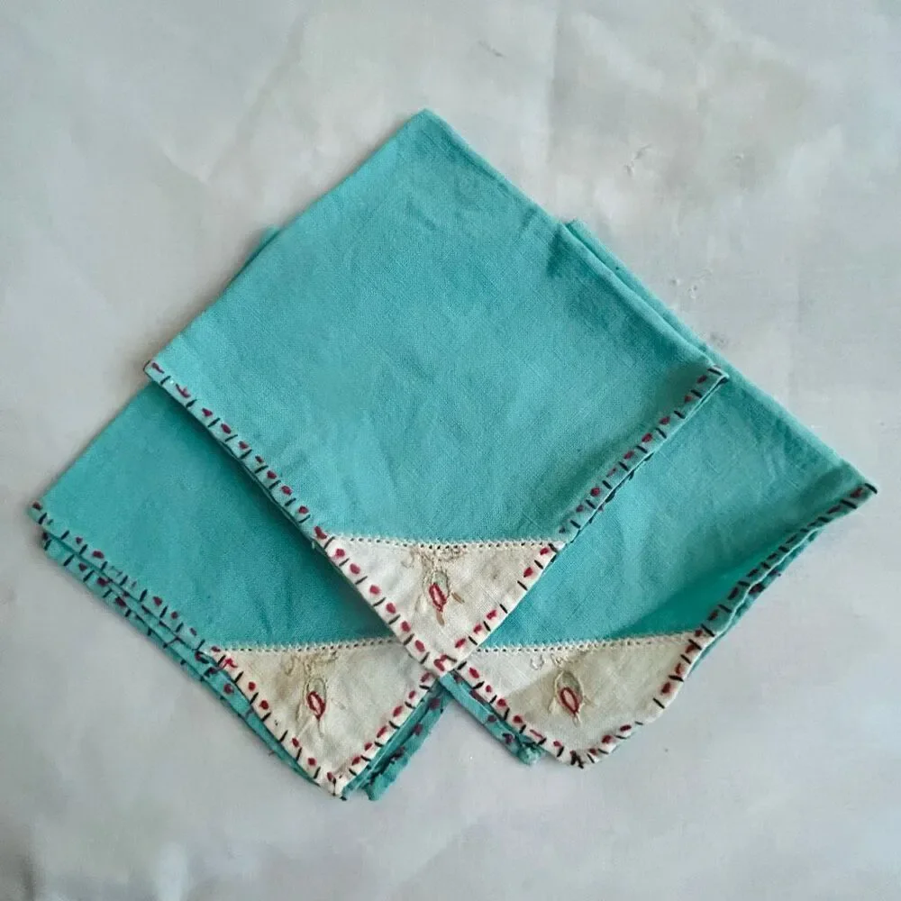 Set of 3 Vintage Handmade Turquoise Embroidered Napkins